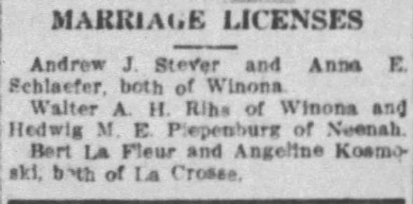 Dad and Angeline marriage license in Winona